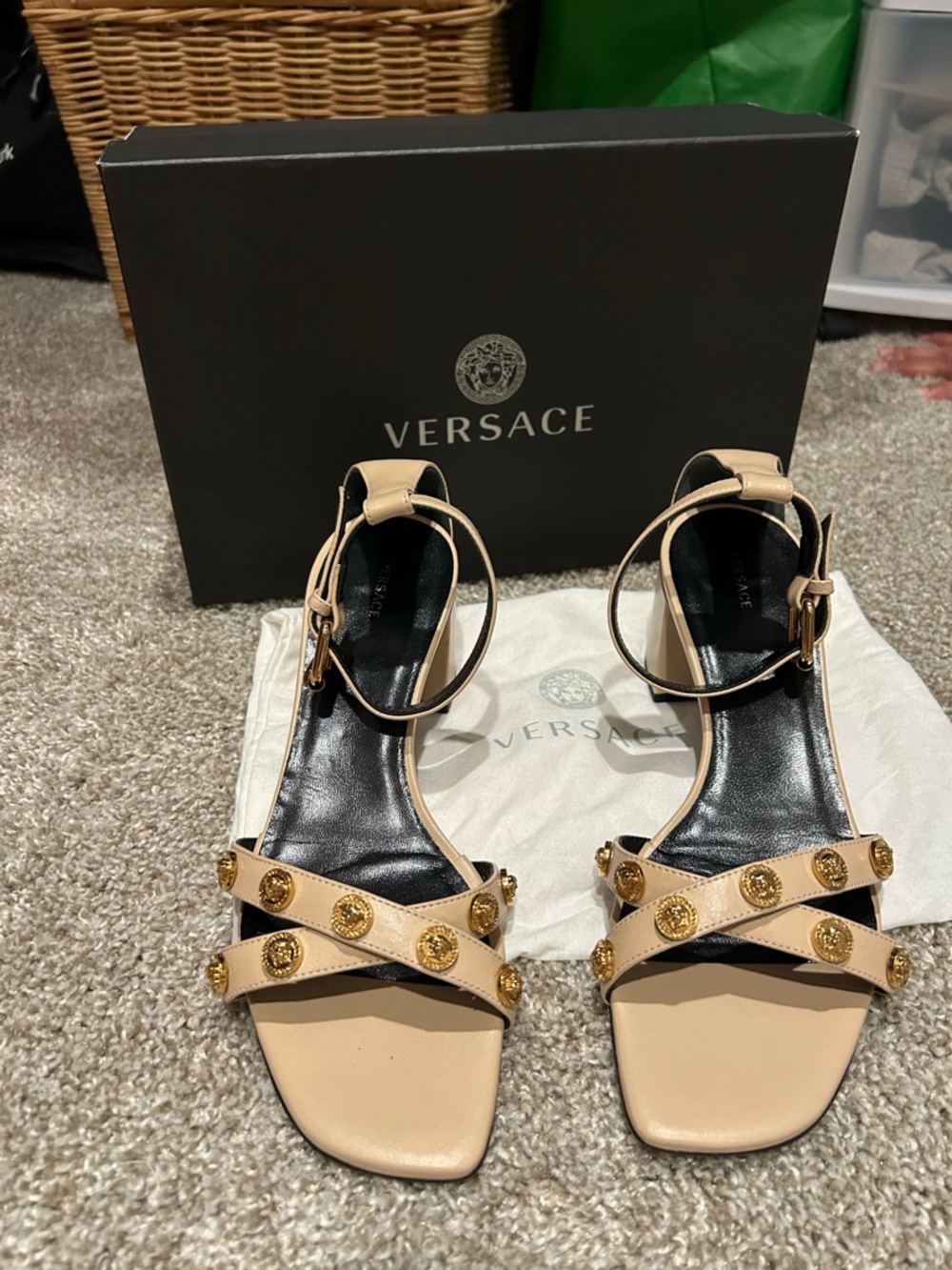 Versace Beige Leather Medusa-Embellished Ankle-Strap Sandals Size 39